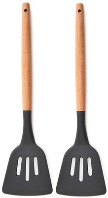 P-PLUS INTERNATIONAL PPLUS_WOOD_SLOTTED_BLACK_2 Mixing Spatula(Pack of 2)