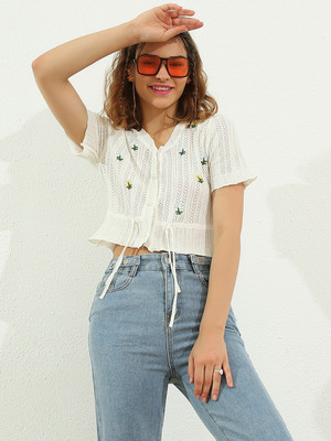 Urbanic Self Design V Neck Casual Women White Sweater