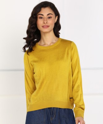 PROVOGUE Solid Round Neck Casual Women Yellow Sweater