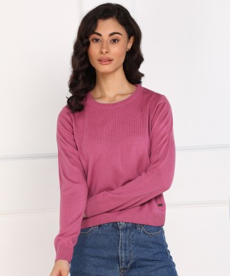 PROVOGUE Solid Round Neck Casual Women Pink Sweater