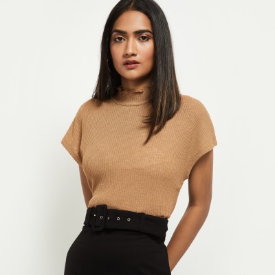 MAX Casual Solid Women Brown Top