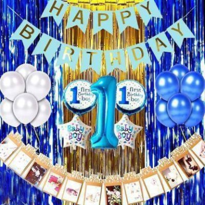 BestDeal247 Printed First Happy Birthday Decoration kit for Boy with New Born to 12 month Photo Banner + 1st Boy Combo Set + Curtains Balloon(Multicolor, Pack of 61)