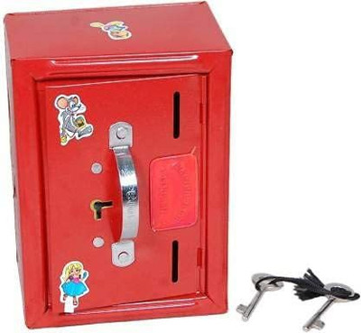 crafthub Almirah Style Coin Box Piggy Bank Gullak for Kids 2 Compartments Money Saving ATM Home Decor Showpiece with 2 Keys Multicolor, (15 x 11 cms) (RED) Coin Bank(Red)