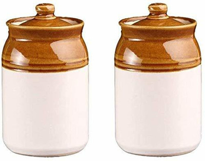 Jetwas Ceramic Pickle Jar  - 700 ml(Pack of 2, Brown, White)