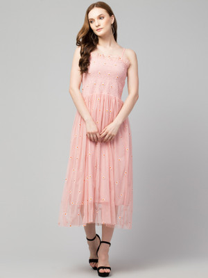 urban streetwear Women Fit and Flare Pink Midi/Calf Length Dress