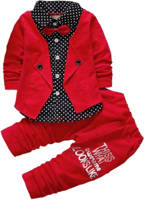 Gunatit Boys Party(Festive) Shirt Trouser, Jacket, Bow Tie(Red)