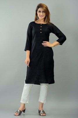 IQRAAR Women Solid Straight Kurta(Black)