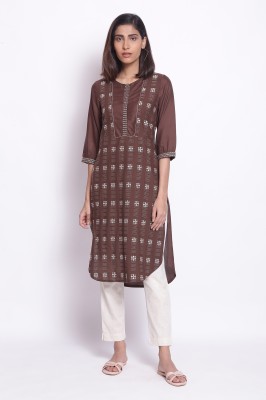 W Women Printed Straight Kurta(Brown)