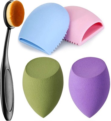 adbeni Professional Oval Foundation Brush With 2 PCs Oval Shapped Beauty Blender & 2 PCs Makeup Cleaner Brush Egg, Multicolor, Set of 5