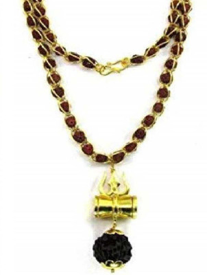 Moksh Spiritual shiv trishul damru locket 5 Mukhi Rudraksha jali Shiv Shakti Kavach with Trishul and Damru Pendant Set Brass Plated Brass Chain Wood Chain