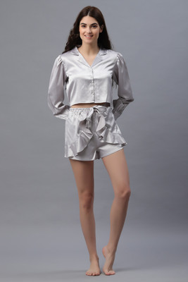 PRETTY LOVING THING Women Solid Silver Top & Shorts Set