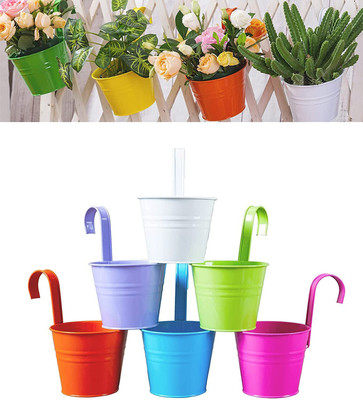EzzuCrafts Set of 6 Rail Planter, Balcony Planters Railing Hanging Flower Pots with Detachable Hook, Iron Fence Bucket Outdoor Flower Pot for Patio Fence Deck Balcony Garden Color Multi Plant Container Set(Pack of 6, Plastic)