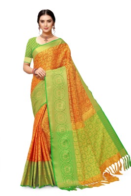 sareesiya creation Woven Banarasi Cotton Silk Saree(Light Green, Yellow)