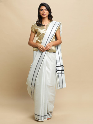 Manvish Drapes Solid/Plain Kasavu Pure Cotton Saree(Silver)