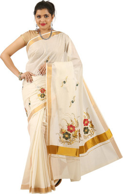 RSV FABRICS Self Design, Embroidered Kasavu Cotton Blend Saree(White)