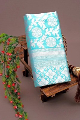 SKYWEAR EXPORT Printed, Self Design, Temple Border, Embroidered, Woven, Floral Print, Solid/Plain Dharmavaram Jacquard, Pure Silk Saree(Silver, Light Blue)