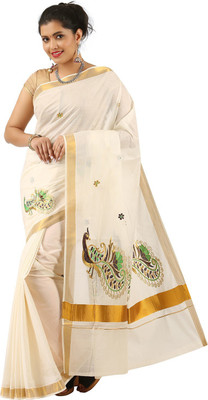 Selvamani Tex Printed, Embroidered Bollywood Cotton Blend Saree(White)