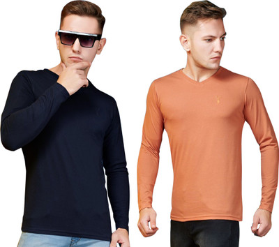 Kundan Solid Men V Neck Dark Blue, Orange T-Shirt