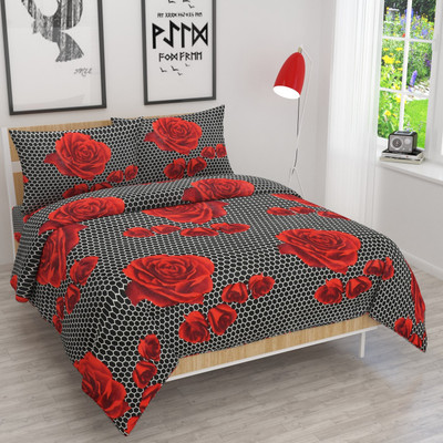 hansika textiles Microfiber Double Flat 120 TC Floral Bedsheet(Pack of 1, Black)