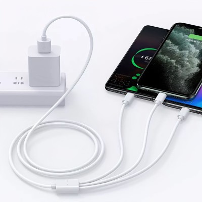 ZINUX Power Sharing Cable 2 A 1.2 m copper briding USB to Lightning, Micro and Type C 3 in 1 multi fast charging cable ....(Compatible with iPhone, Android Phone, iPad, All the mobiles, White, One Cable)