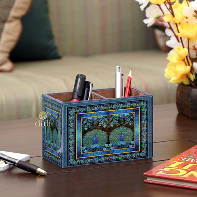 DULI 2 Compartments Pen Stand, Pencil Holder for Table Desk Décor Multipurpose Stationary Holder(Blue)