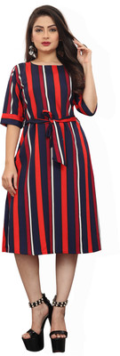 tanvi creation Women Fit and Flare Red, Blue Knee Length Dress