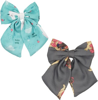 Karki Fusion 2 Pc Multi Print Design Long Bow Hair Clips for Women & Girls; Green Print & Grey Pug Dog Print Large Alligator Cat Tail Bow Clips (Large) (Pack of 2) Hair Clip(Blue, White, Grey)