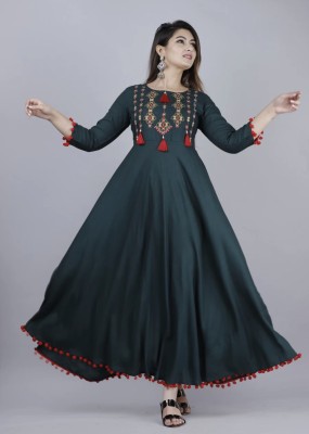 ANIVINDA Women Embroidered Anarkali Kurta(Dark Green)