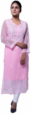 FAWOMENT Women Chikan Embroidery Straight Kurta(White, Pink)