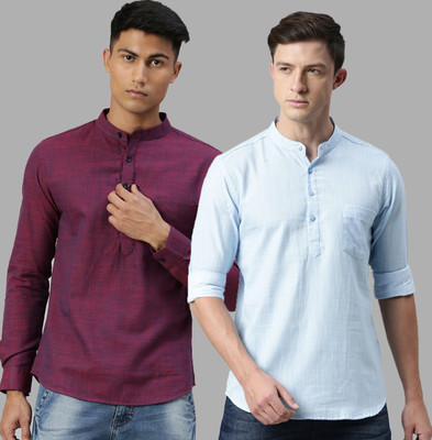 Kryptic Men Self Design Straight Kurta(Light Blue, Red)