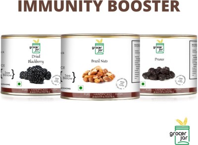 GROCERJAR PITTED PRUNES | DRY BLACKBERRY | BRAZIL NUTS IMMUNITY BOOSTER PACK Brazil Nuts, Prunes, Assorted Fruit(3 x 200 g)