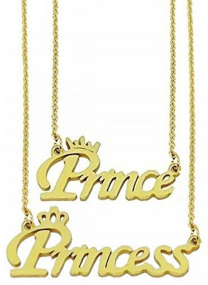 Adhvik (Set Of 2 Pcs) CMB7365 Golden Color Fancy & Stylish Trending Valentine's Day Special Metal Stainless Steel Prince And Princess Name Letter Romantic Love Couple Locket Pendant Necklace With Chain For Boy's And Girl's Gift Jewellery Set Gold-plated Stainless Steel