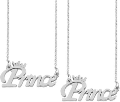 Adhvik (Set Of 2 Pcs) Silver Color Fancy & Stylish Trending Valentine's Day Special Metal Stainless Steel Prince Name Letter Locket Pendant Necklace With Chain For Men's And Boy's Gift Jewellery Set Silver Stainless Steel Pendant Set