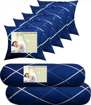 ACTOS 5 Cushion And 2 Bolster Microfibre Abstract Bolster Pack of 7(Blue, White)