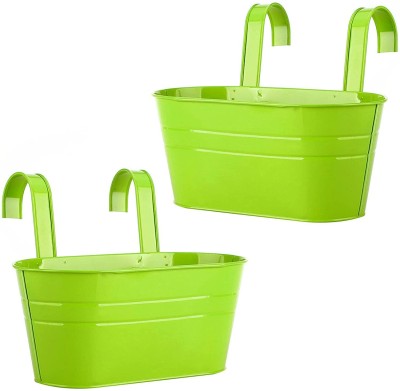 EzzuCrafts et of 2 Rail Planter, Balcony Planters Railing Hanging Flower Pots with Detachable Hook, Iron Fence Bucket Outdoor Flower Pot for Patio Fence Deck Balcony Garden Color Green Plant Container Set(Pack of 2, Plastic)