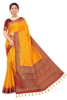 sareesiya creation Woven Banarasi Cotton Silk Saree(Maroon, Yellow)