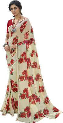 BLEESBURY Floral Print Daily Wear Georgette Saree(Cream)