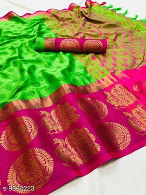 Juhi Collection Striped, Woven, Solid/Plain Assam Silk Art Silk, Cotton Silk Saree(Light Green)
