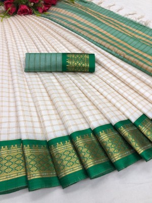 VRINDITA FASHION Checkered Bollywood Cotton Silk Saree(White, Green)