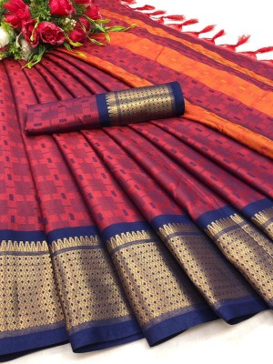 SSP TEX Woven Kanjivaram Silk Blend, Art Silk Saree(Dark Blue, Maroon)