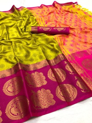 VRINDITA FASHION Striped, Woven, Solid/Plain Assam Silk Art Silk, Cotton Silk Saree(Light Green)