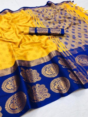 VRINDITA FASHION Striped, Woven, Solid/Plain Dharmavaram Art Silk, Cotton Silk Saree(Yellow)