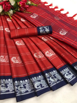 EN Creation Printed Daily Wear Cotton Silk Saree(Red, Light Blue)