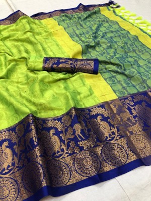 VRINDITA FASHION Woven Assam Silk Jacquard, Cotton Silk Saree(Blue, Light Green)