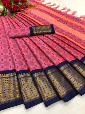 MM VENTURE Checkered Kanjivaram Pure Silk Saree(Light Green)