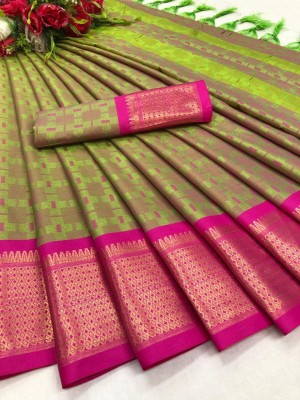 SSP TEX Woven Kanjivaram Silk Blend, Art Silk Saree(Green, Pink)
