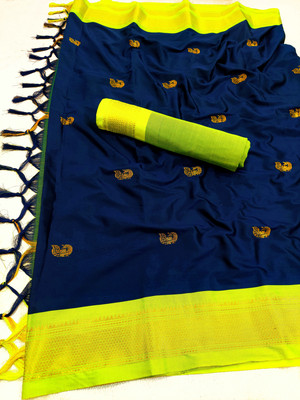 Vishal Creations Solid/Plain Banarasi Cotton Silk Saree(Dark Blue)