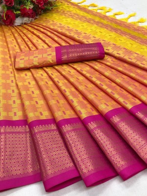 SSP TEX Woven Kanjivaram Silk Blend, Art Silk Saree(Orange, Pink)