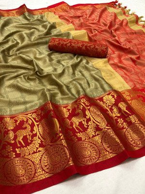 Juhi Collection Self Design, Animal Print Assam Silk Jacquard, Cotton Silk Saree(Cream)