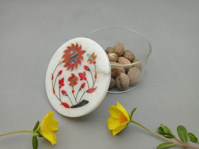 Al Maun Intak| Marble Natural White Alabaster Soapstone | Handmade Round Inlay Craft | Multiusage Box For Nut & Spices, Storage Jewellery and Ornament Box Storage Box(White)